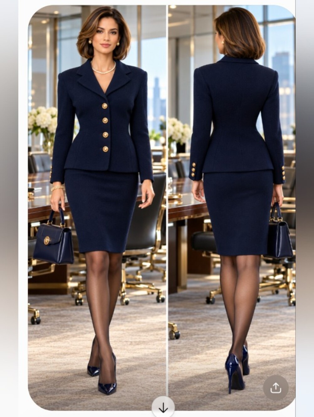 St John Knit 12/14 Navy Gold Crest Buttons Satin Covered Button Hole Skirt Suit